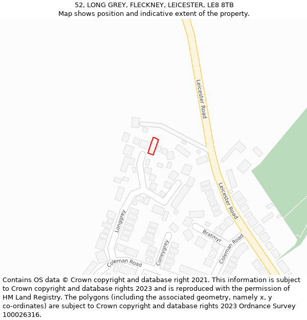 52, LONG GREY, FLECKNEY, LEICESTER, LE8 8TB: Location map and indicative extent of plot