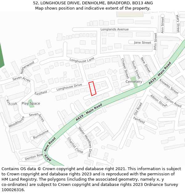 52, LONGHOUSE DRIVE, DENHOLME, BRADFORD, BD13 4NG: Location map and indicative extent of plot