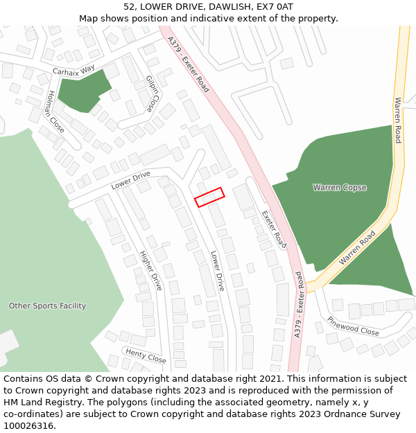 52, LOWER DRIVE, DAWLISH, EX7 0AT: Location map and indicative extent of plot