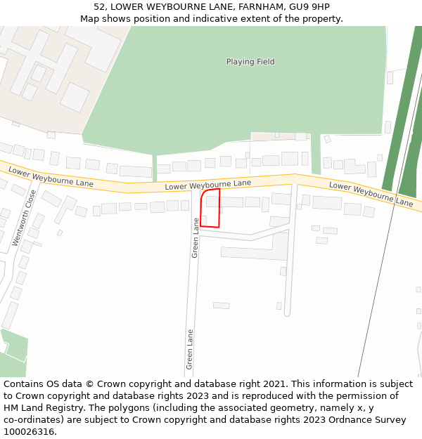 52, LOWER WEYBOURNE LANE, FARNHAM, GU9 9HP: Location map and indicative extent of plot