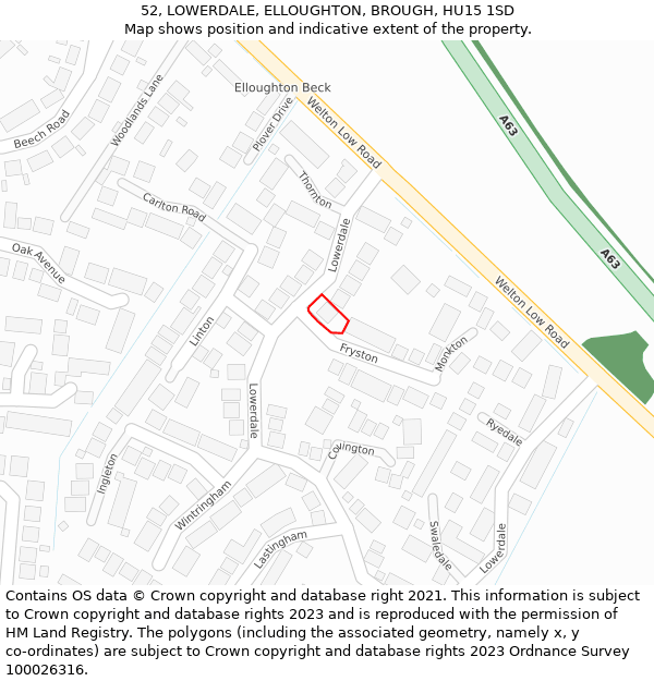 52, LOWERDALE, ELLOUGHTON, BROUGH, HU15 1SD: Location map and indicative extent of plot