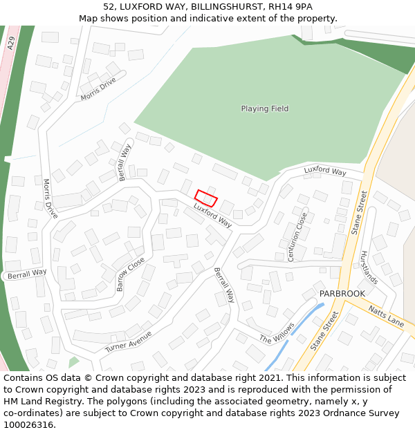 52, LUXFORD WAY, BILLINGSHURST, RH14 9PA: Location map and indicative extent of plot