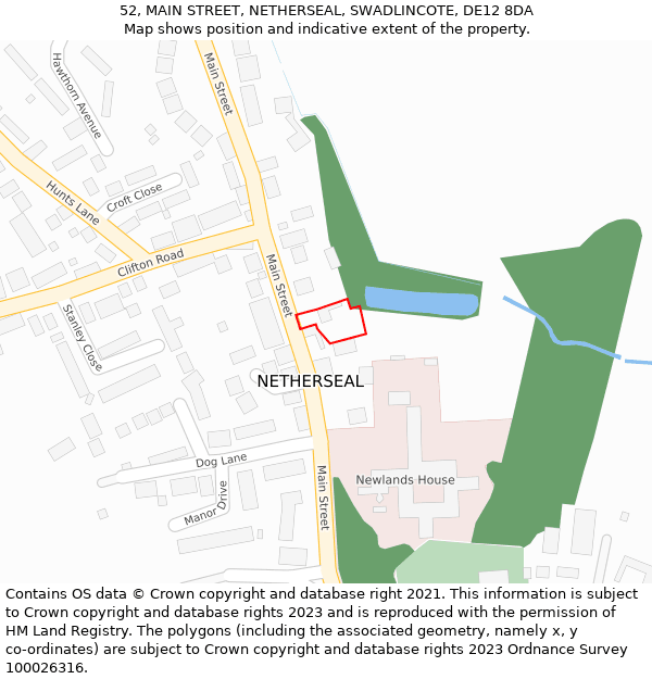 52, MAIN STREET, NETHERSEAL, SWADLINCOTE, DE12 8DA: Location map and indicative extent of plot