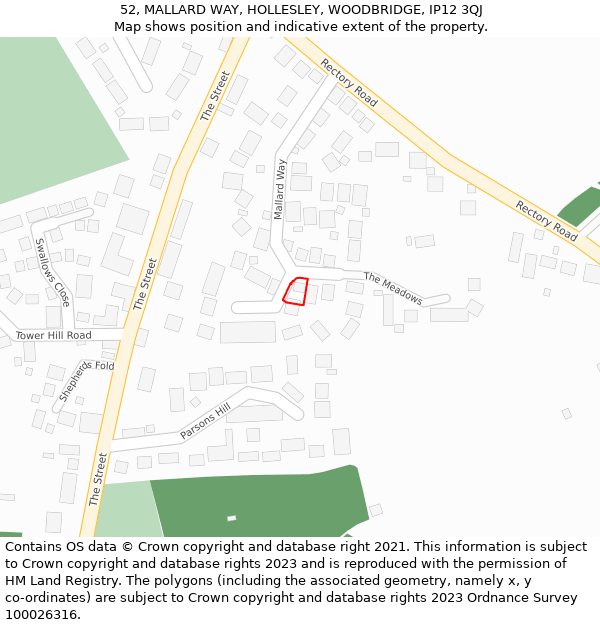 52, MALLARD WAY, HOLLESLEY, WOODBRIDGE, IP12 3QJ: Location map and indicative extent of plot