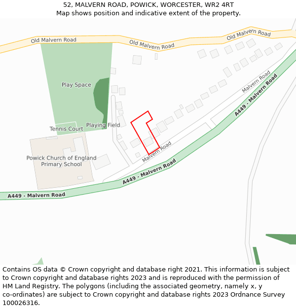 52, MALVERN ROAD, POWICK, WORCESTER, WR2 4RT: Location map and indicative extent of plot
