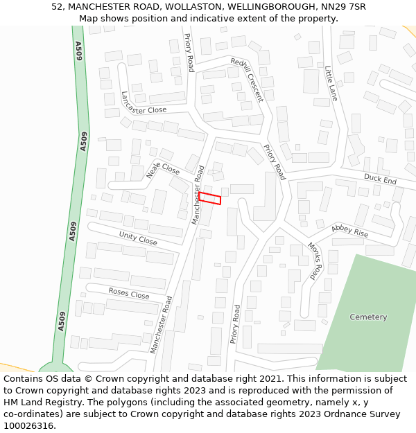 52, MANCHESTER ROAD, WOLLASTON, WELLINGBOROUGH, NN29 7SR: Location map and indicative extent of plot