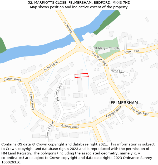 52, MARRIOTTS CLOSE, FELMERSHAM, BEDFORD, MK43 7HD: Location map and indicative extent of plot