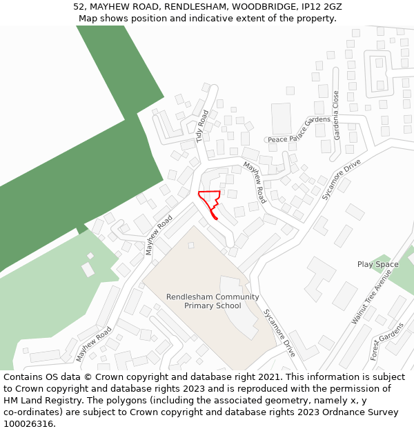52, MAYHEW ROAD, RENDLESHAM, WOODBRIDGE, IP12 2GZ: Location map and indicative extent of plot