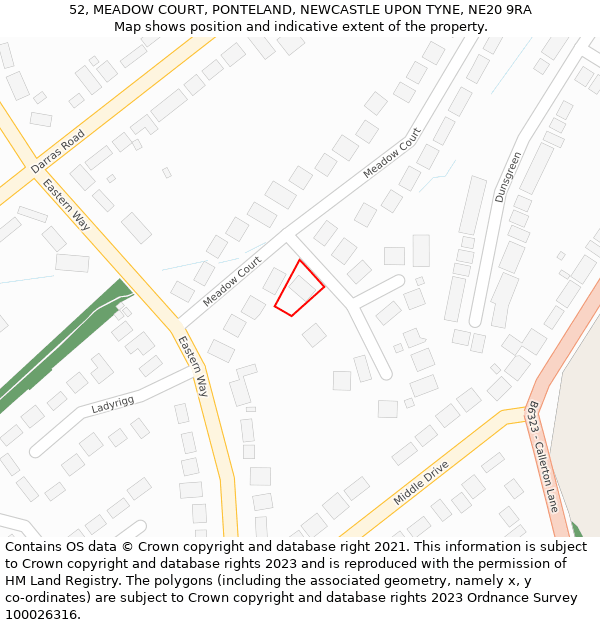 52, MEADOW COURT, PONTELAND, NEWCASTLE UPON TYNE, NE20 9RA: Location map and indicative extent of plot