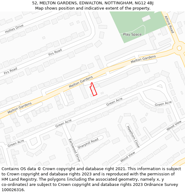 52, MELTON GARDENS, EDWALTON, NOTTINGHAM, NG12 4BJ: Location map and indicative extent of plot