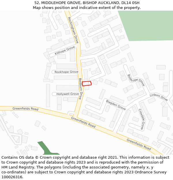 52, MIDDLEHOPE GROVE, BISHOP AUCKLAND, DL14 0SH: Location map and indicative extent of plot