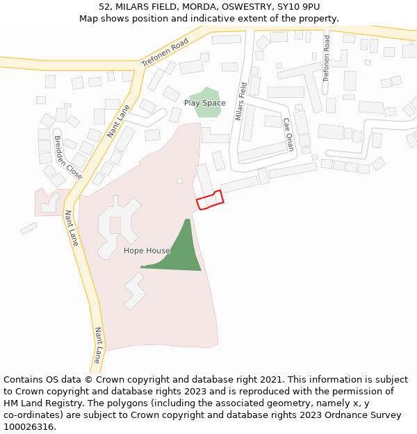 52, MILARS FIELD, MORDA, OSWESTRY, SY10 9PU: Location map and indicative extent of plot