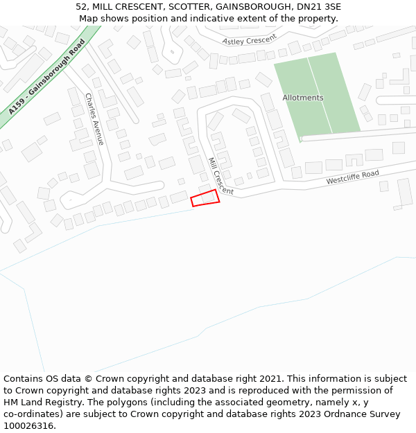 52, MILL CRESCENT, SCOTTER, GAINSBOROUGH, DN21 3SE: Location map and indicative extent of plot