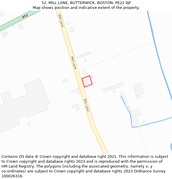 52, MILL LANE, BUTTERWICK, BOSTON, PE22 0JF: Location map and indicative extent of plot