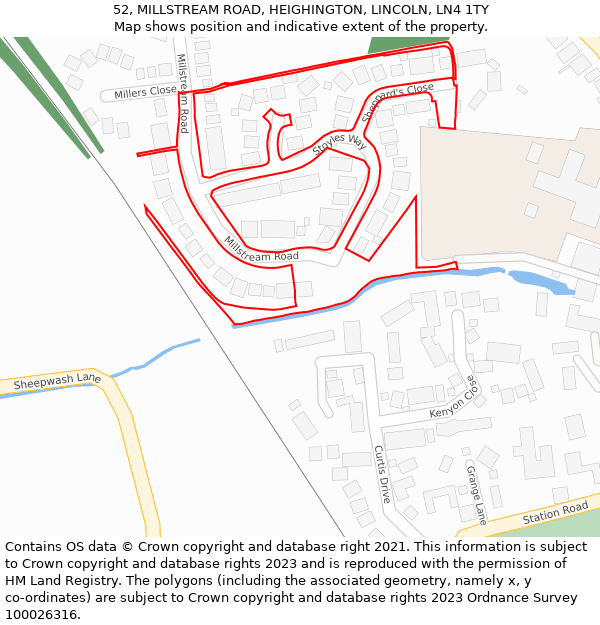 52, MILLSTREAM ROAD, HEIGHINGTON, LINCOLN, LN4 1TY: Location map and indicative extent of plot