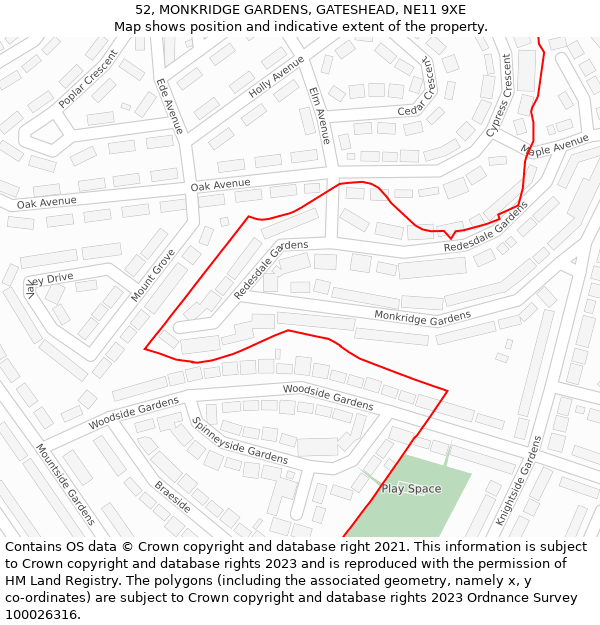 52, MONKRIDGE GARDENS, GATESHEAD, NE11 9XE: Location map and indicative extent of plot
