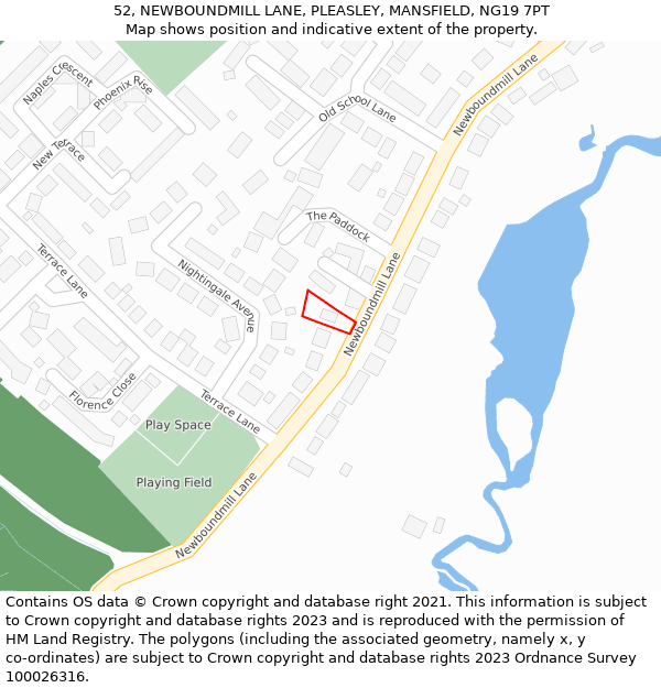 52, NEWBOUNDMILL LANE, PLEASLEY, MANSFIELD, NG19 7PT: Location map and indicative extent of plot