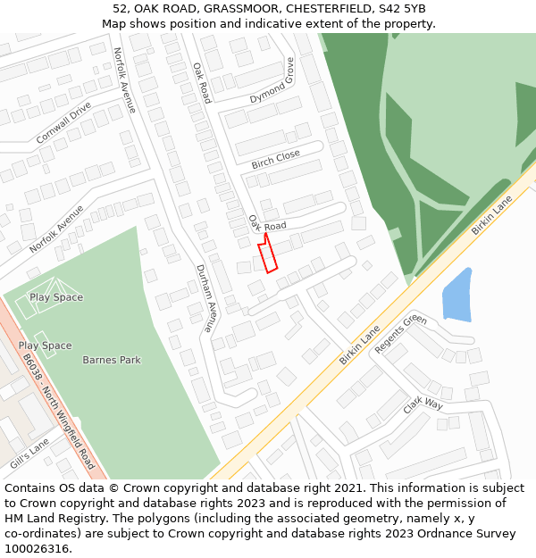 52, OAK ROAD, GRASSMOOR, CHESTERFIELD, S42 5YB: Location map and indicative extent of plot