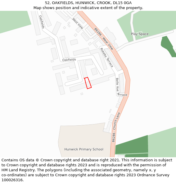 52, OAKFIELDS, HUNWICK, CROOK, DL15 0GA: Location map and indicative extent of plot