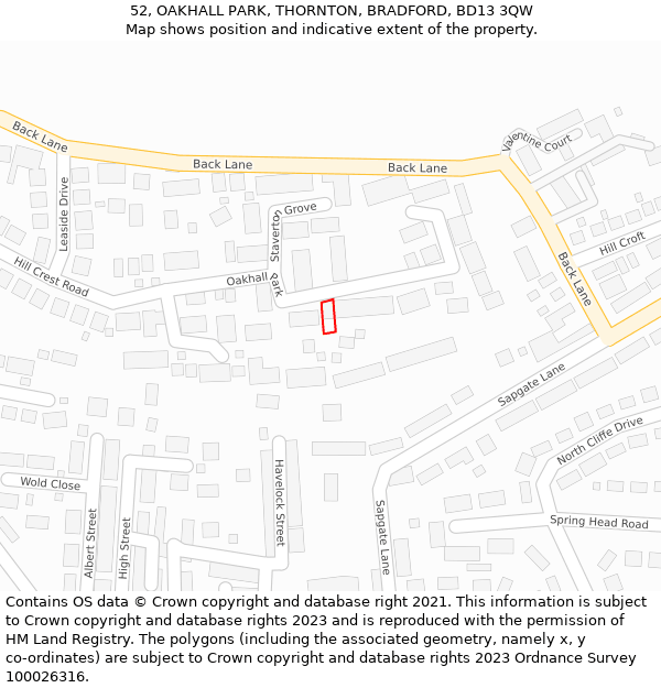 52, OAKHALL PARK, THORNTON, BRADFORD, BD13 3QW: Location map and indicative extent of plot