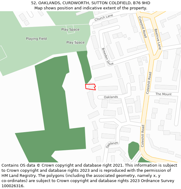 52, OAKLANDS, CURDWORTH, SUTTON COLDFIELD, B76 9HD: Location map and indicative extent of plot