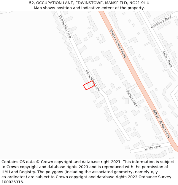 52, OCCUPATION LANE, EDWINSTOWE, MANSFIELD, NG21 9HU: Location map and indicative extent of plot