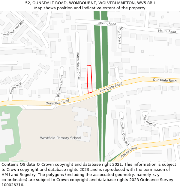 52, OUNSDALE ROAD, WOMBOURNE, WOLVERHAMPTON, WV5 8BH: Location map and indicative extent of plot