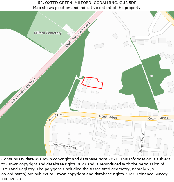 52, OXTED GREEN, MILFORD, GODALMING, GU8 5DE: Location map and indicative extent of plot