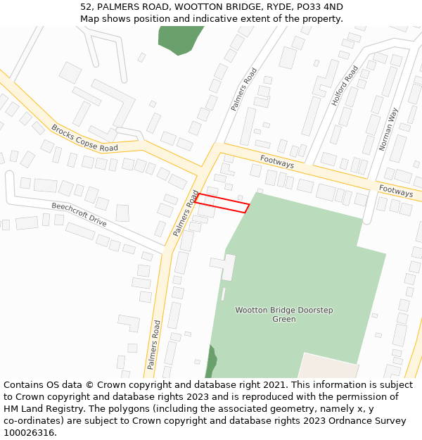 52, PALMERS ROAD, WOOTTON BRIDGE, RYDE, PO33 4ND: Location map and indicative extent of plot
