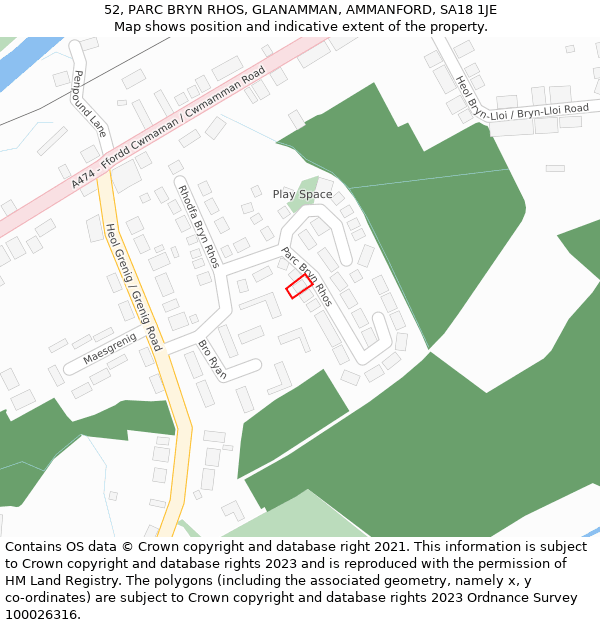 52, PARC BRYN RHOS, GLANAMMAN, AMMANFORD, SA18 1JE: Location map and indicative extent of plot