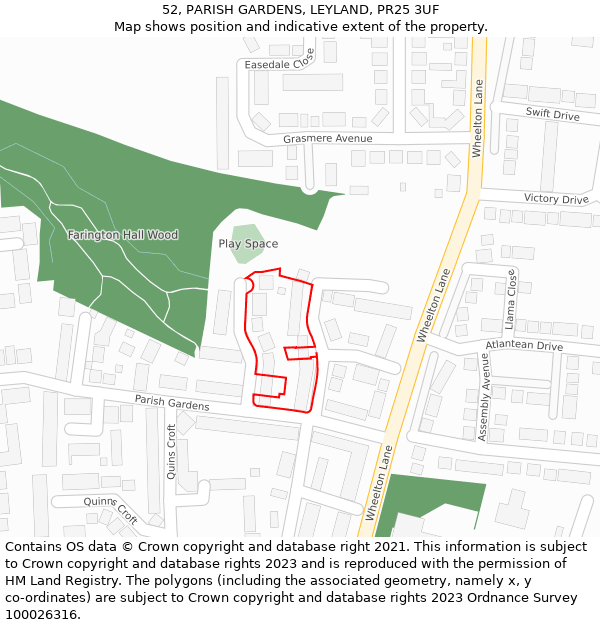 52, PARISH GARDENS, LEYLAND, PR25 3UF: Location map and indicative extent of plot