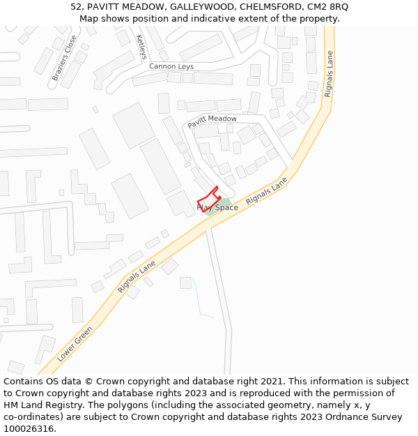 52, PAVITT MEADOW, GALLEYWOOD, CHELMSFORD, CM2 8RQ: Location map and indicative extent of plot