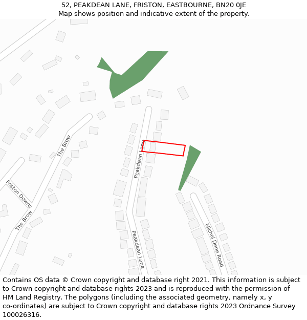 52, PEAKDEAN LANE, FRISTON, EASTBOURNE, BN20 0JE: Location map and indicative extent of plot