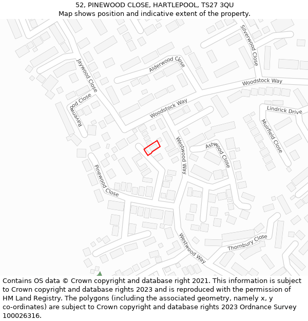 52, PINEWOOD CLOSE, HARTLEPOOL, TS27 3QU: Location map and indicative extent of plot