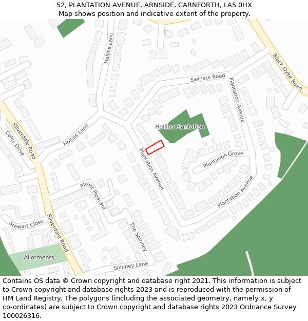 52, PLANTATION AVENUE, ARNSIDE, CARNFORTH, LA5 0HX: Location map and indicative extent of plot