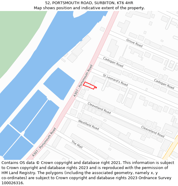 52, PORTSMOUTH ROAD, SURBITON, KT6 4HR: Location map and indicative extent of plot