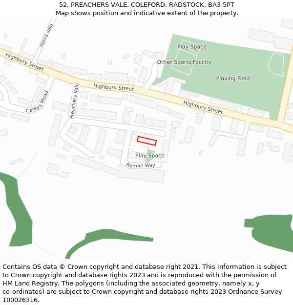 52, PREACHERS VALE, COLEFORD, RADSTOCK, BA3 5PT: Location map and indicative extent of plot