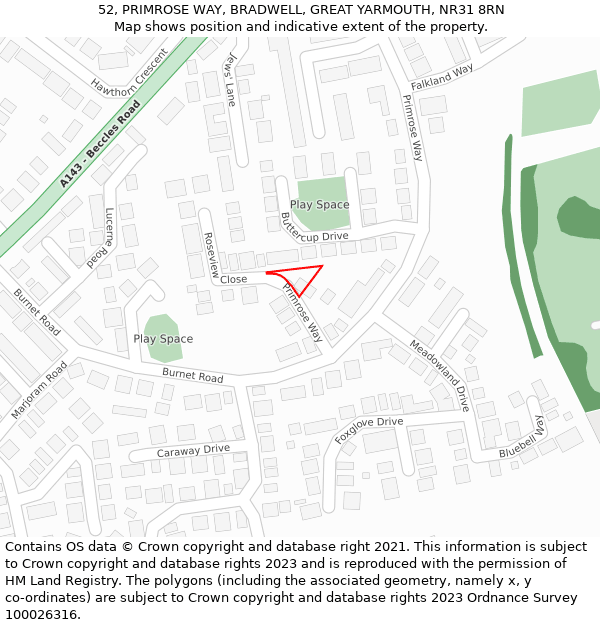 52, PRIMROSE WAY, BRADWELL, GREAT YARMOUTH, NR31 8RN: Location map and indicative extent of plot