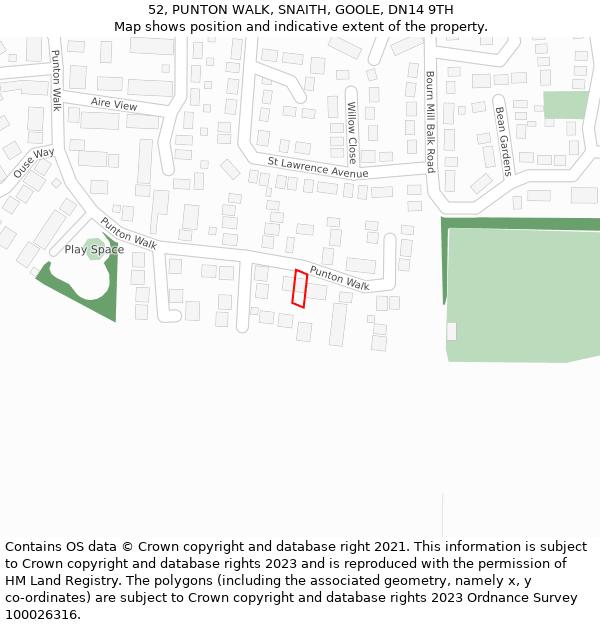 52, PUNTON WALK, SNAITH, GOOLE, DN14 9TH: Location map and indicative extent of plot