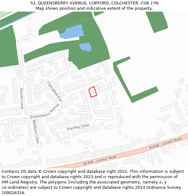 52, QUEENSBERRY AVENUE, COPFORD, COLCHESTER, CO6 1YN: Location map and indicative extent of plot