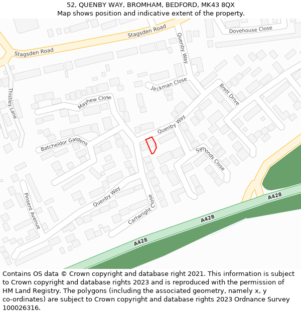 52, QUENBY WAY, BROMHAM, BEDFORD, MK43 8QX: Location map and indicative extent of plot