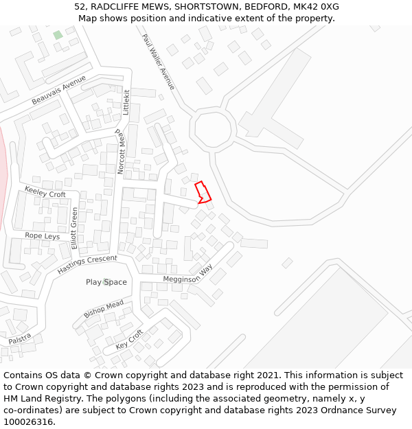 52, RADCLIFFE MEWS, SHORTSTOWN, BEDFORD, MK42 0XG: Location map and indicative extent of plot