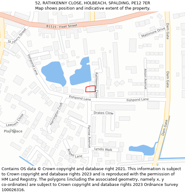 52, RATHKENNY CLOSE, HOLBEACH, SPALDING, PE12 7ER: Location map and indicative extent of plot