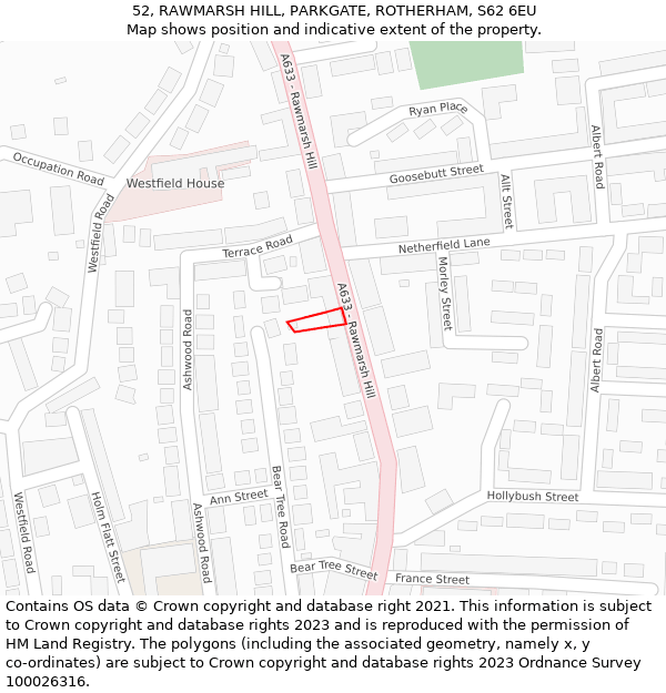 52, RAWMARSH HILL, PARKGATE, ROTHERHAM, S62 6EU: Location map and indicative extent of plot