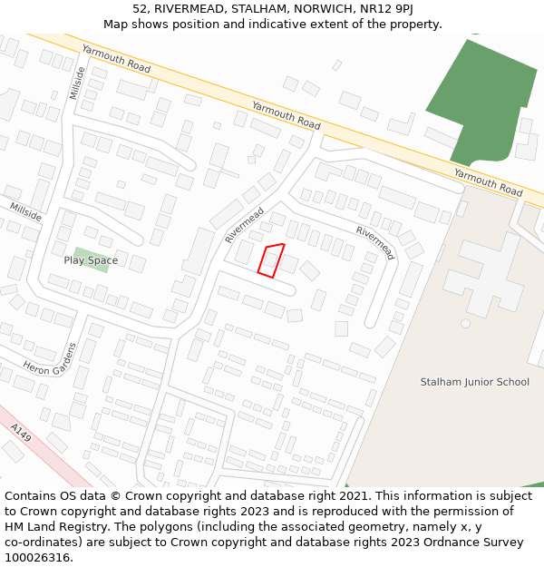 52, RIVERMEAD, STALHAM, NORWICH, NR12 9PJ: Location map and indicative extent of plot