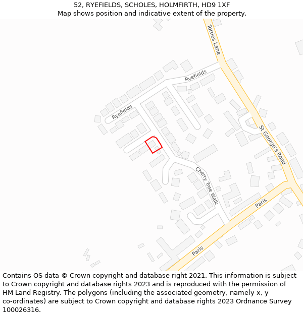 52, RYEFIELDS, SCHOLES, HOLMFIRTH, HD9 1XF: Location map and indicative extent of plot