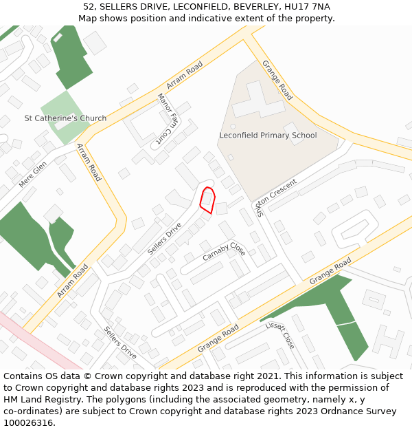 52, SELLERS DRIVE, LECONFIELD, BEVERLEY, HU17 7NA: Location map and indicative extent of plot