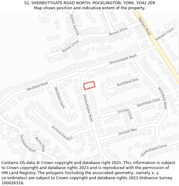 52, SHERBUTTGATE ROAD NORTH, POCKLINGTON, YORK, YO42 2ER: Location map and indicative extent of plot