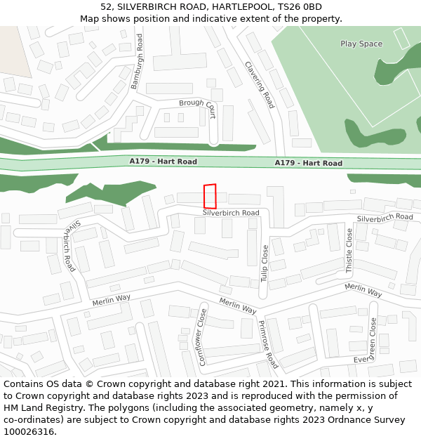 52, SILVERBIRCH ROAD, HARTLEPOOL, TS26 0BD: Location map and indicative extent of plot