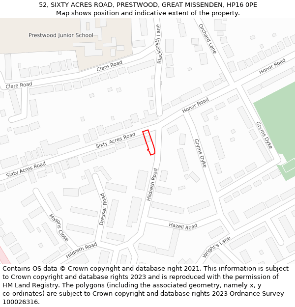 52, SIXTY ACRES ROAD, PRESTWOOD, GREAT MISSENDEN, HP16 0PE: Location map and indicative extent of plot